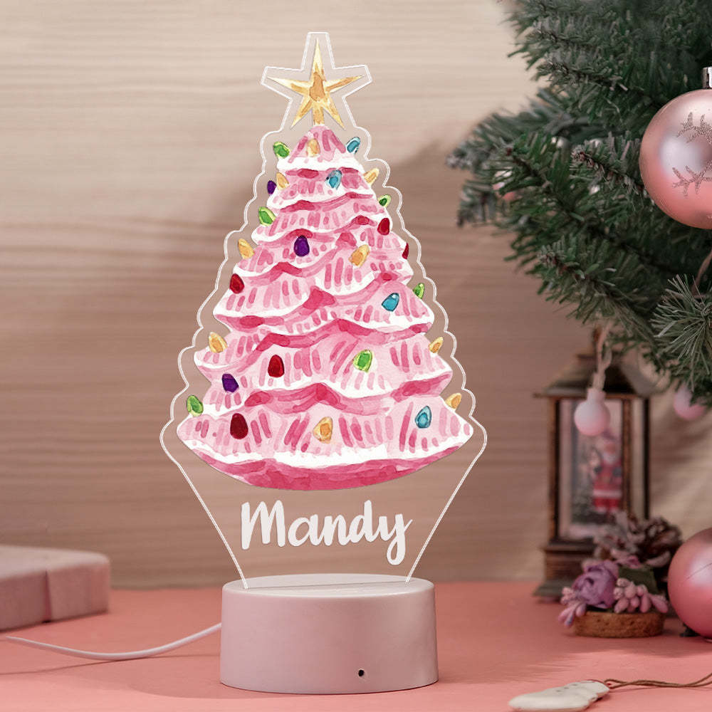Custom Name Pink Christmas Tree with Multicolored Bulbs Lamp LED Night Light for Couple Gift - mymoonlampau