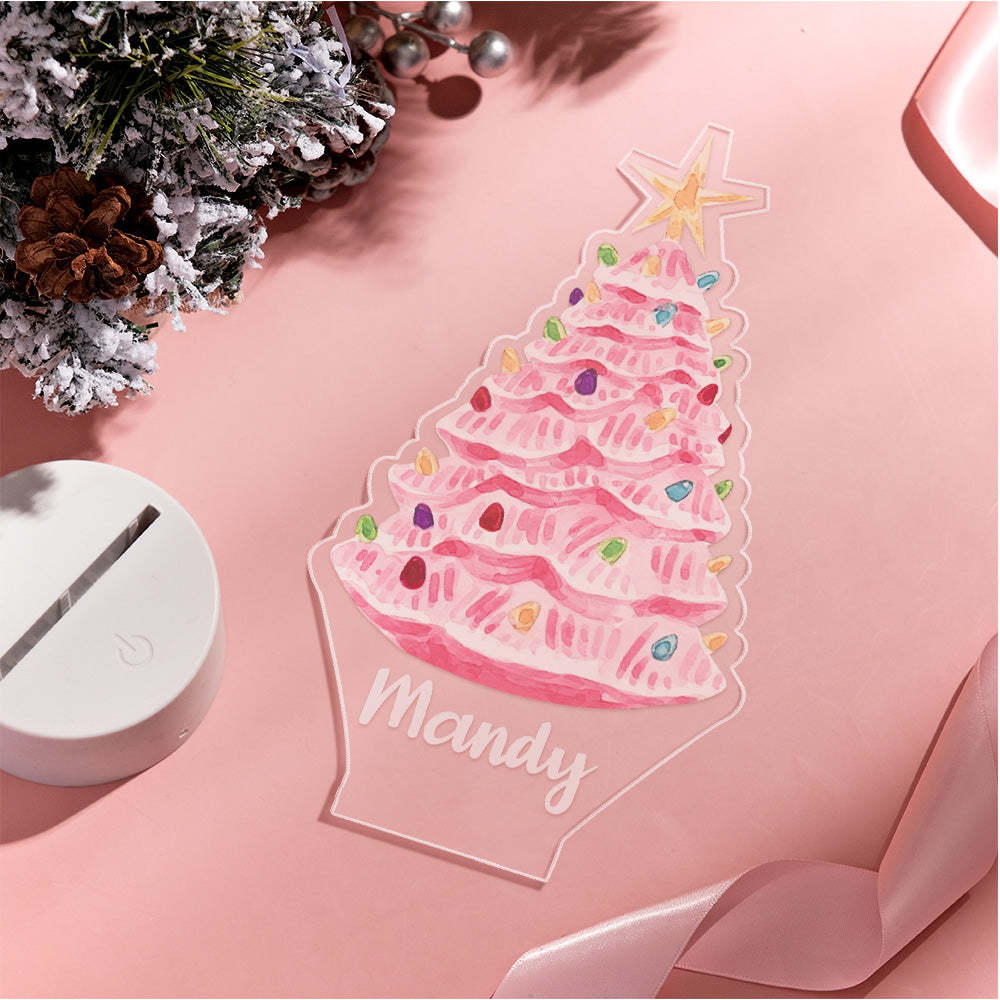 Custom Name Pink Christmas Tree with Multicolored Bulbs Lamp LED Night Light for Couple Gift - mymoonlampau