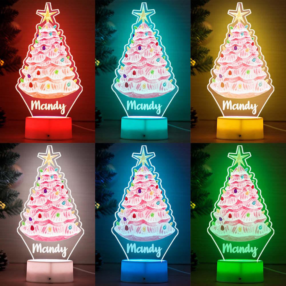 Custom Name Pink Christmas Tree with Multicolored Bulbs Lamp LED Night Light for Couple Gift - mymoonlampau