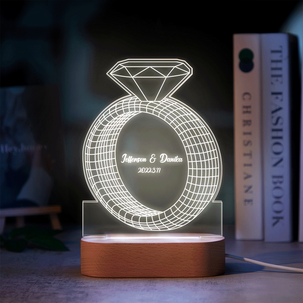 Personalized Text Diamond Ring Colorful Lamp Custom Acrylic 3D Printed Night Light Proposal Anniversary Day Gift - mymoonlampau