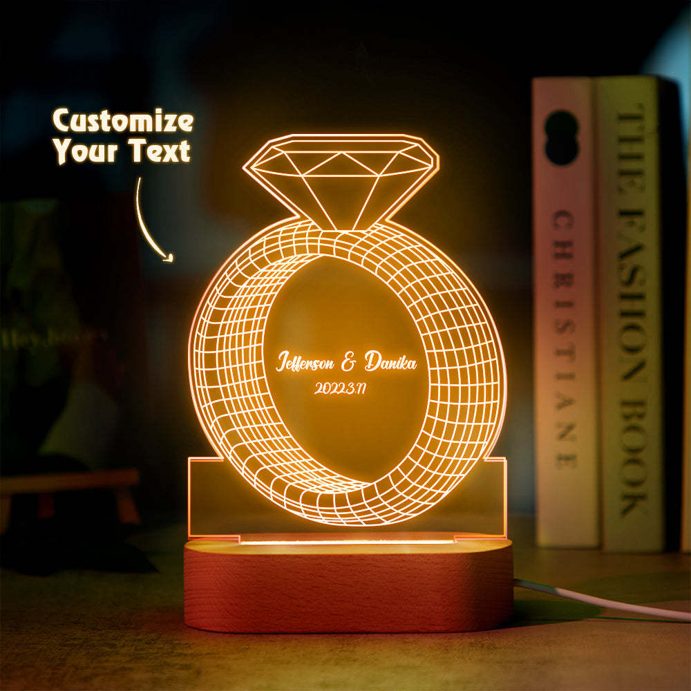 Personalized Text Diamond Ring Colorful Lamp Custom Acrylic 3D Printed Night Light Proposal Anniversary Day Gift - mymoonlampau