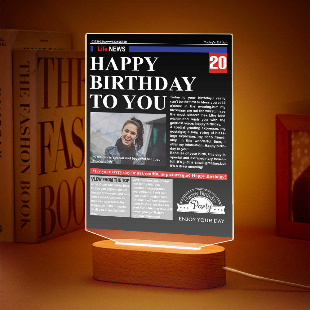 Custom Photo News On Acrylic Board Colorful Lamp Personalized Night Light Birthday Gifts - mymoonlampau
