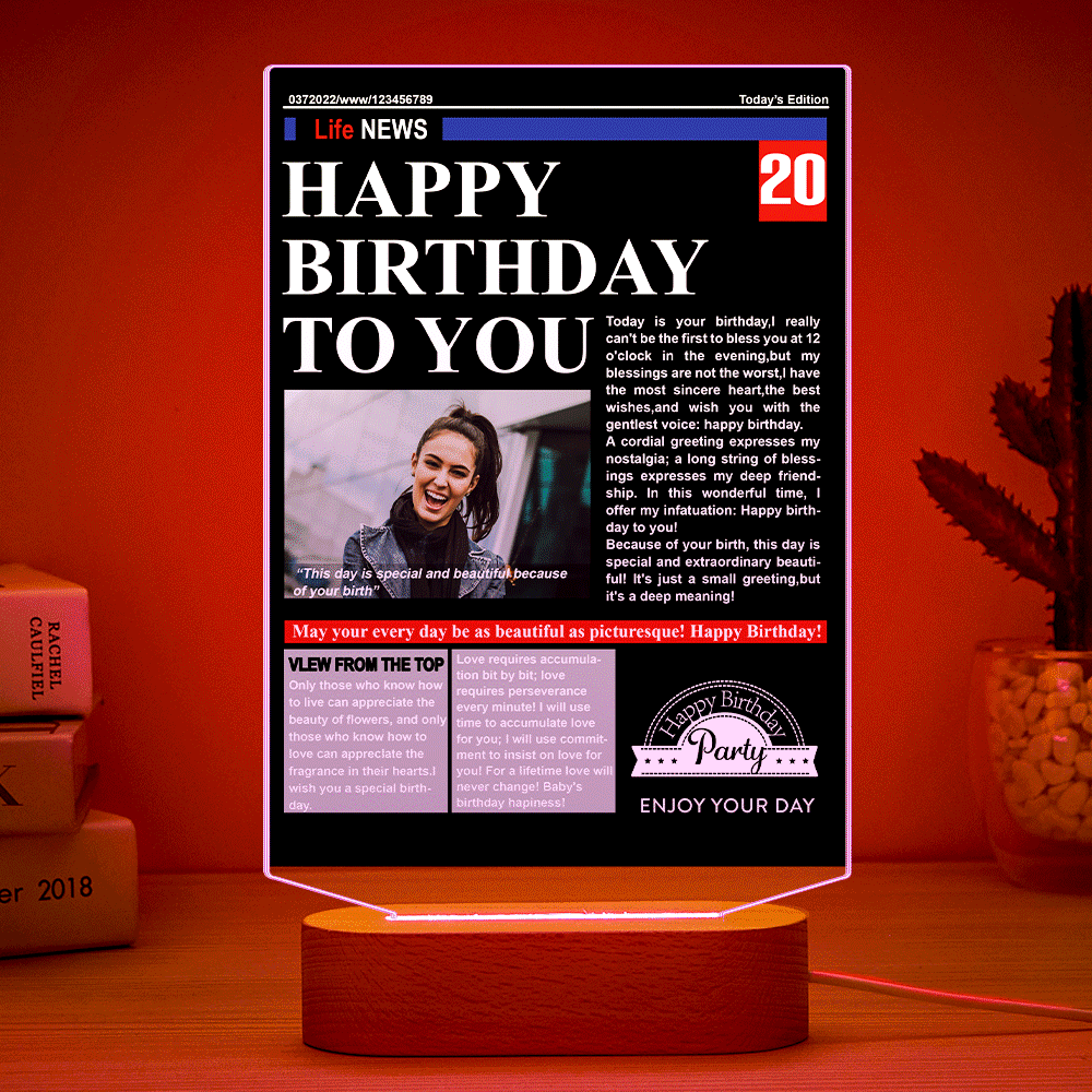 Custom Photo News On Acrylic Board Colorful Lamp Personalized Night Light Birthday Gifts - mymoonlampau