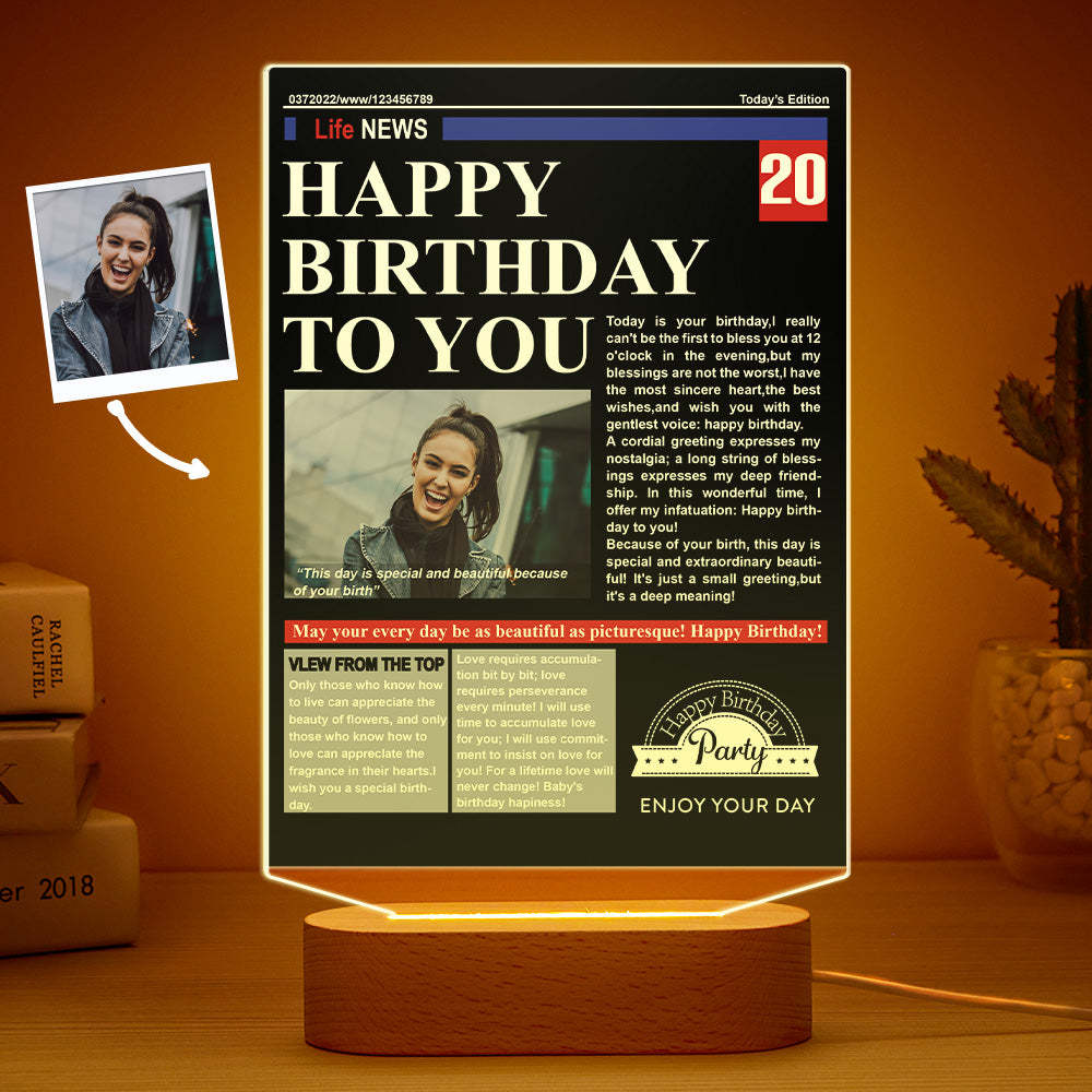 Custom Photo News On Acrylic Board Colorful Lamp Personalized Night Light Birthday Gifts - mymoonlampau