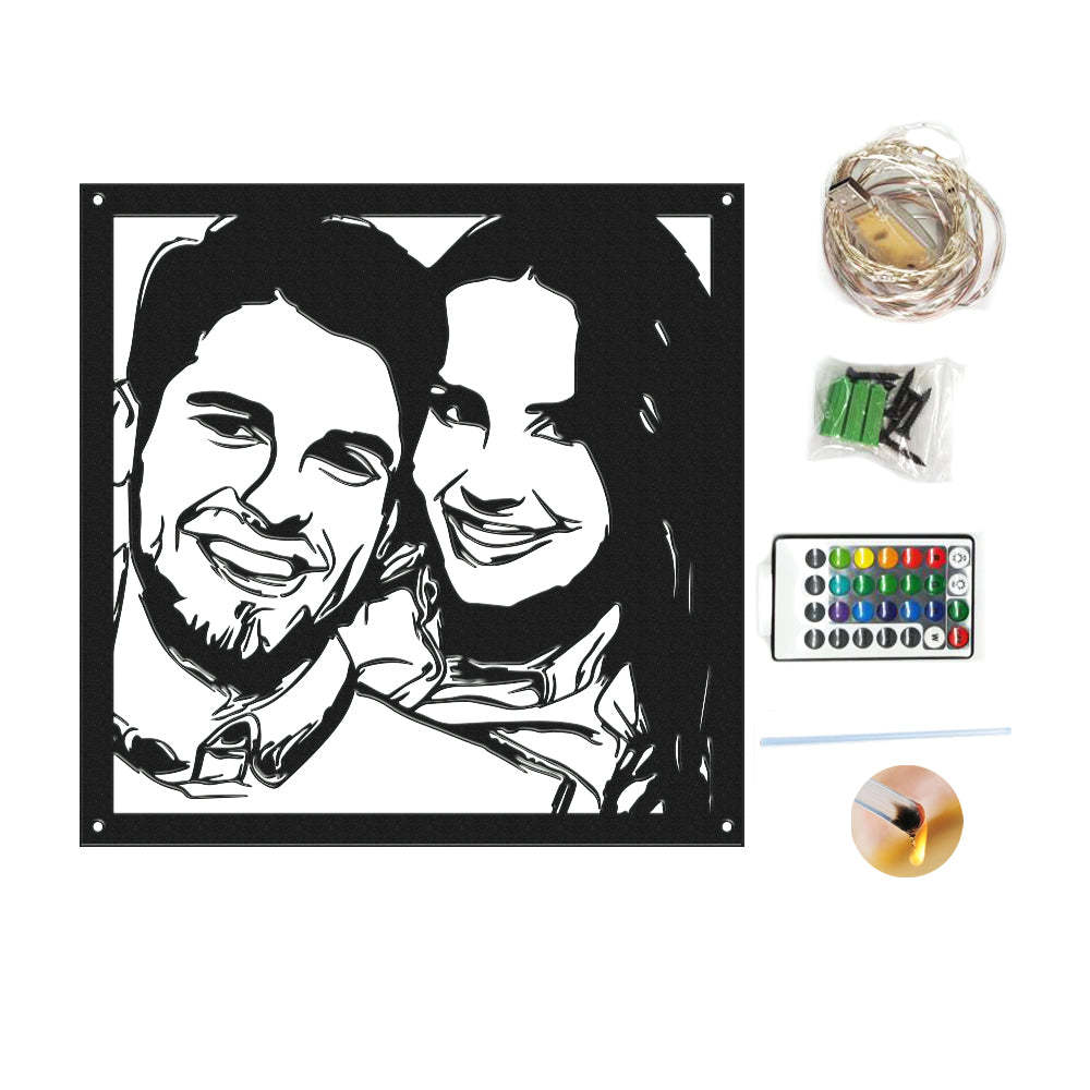 Custom Portrait Metal Wall Art Personalized Couple Photo LED Lights Decor Gift for Lover - photomoonlamp
