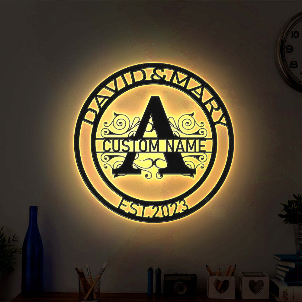 Custom Round Monogram Name Signs Metal Wall Art LED Lights Home Decor Gift - photomoonlamp