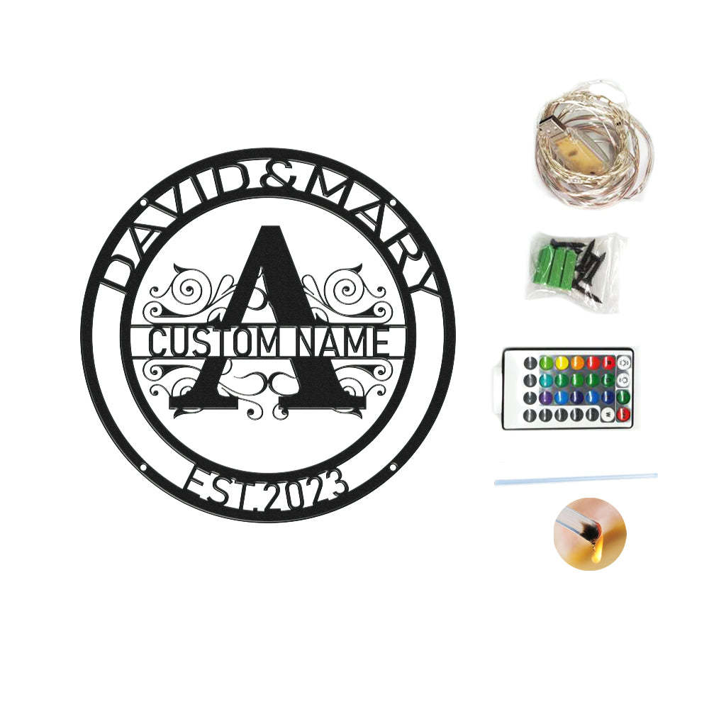 Custom Round Monogram Name Signs Metal Wall Art LED Lights Home Decor Gift - photomoonlamp