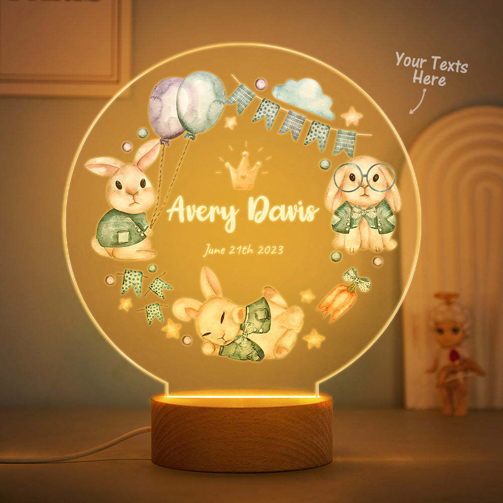 The Best Birthday Gifts For Baby Personalized Cute Crown Rabbit Night Light Custom name Flags And Balloon Table Light - mymoonlampau