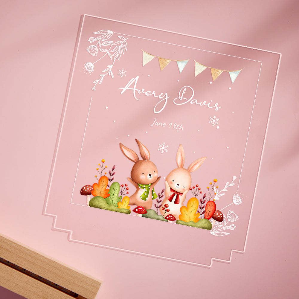Custom Name Snd Date Forest Rabbit Acrylic Night Light Nursery Room Lamp Gift for Girl - mymoonlampau