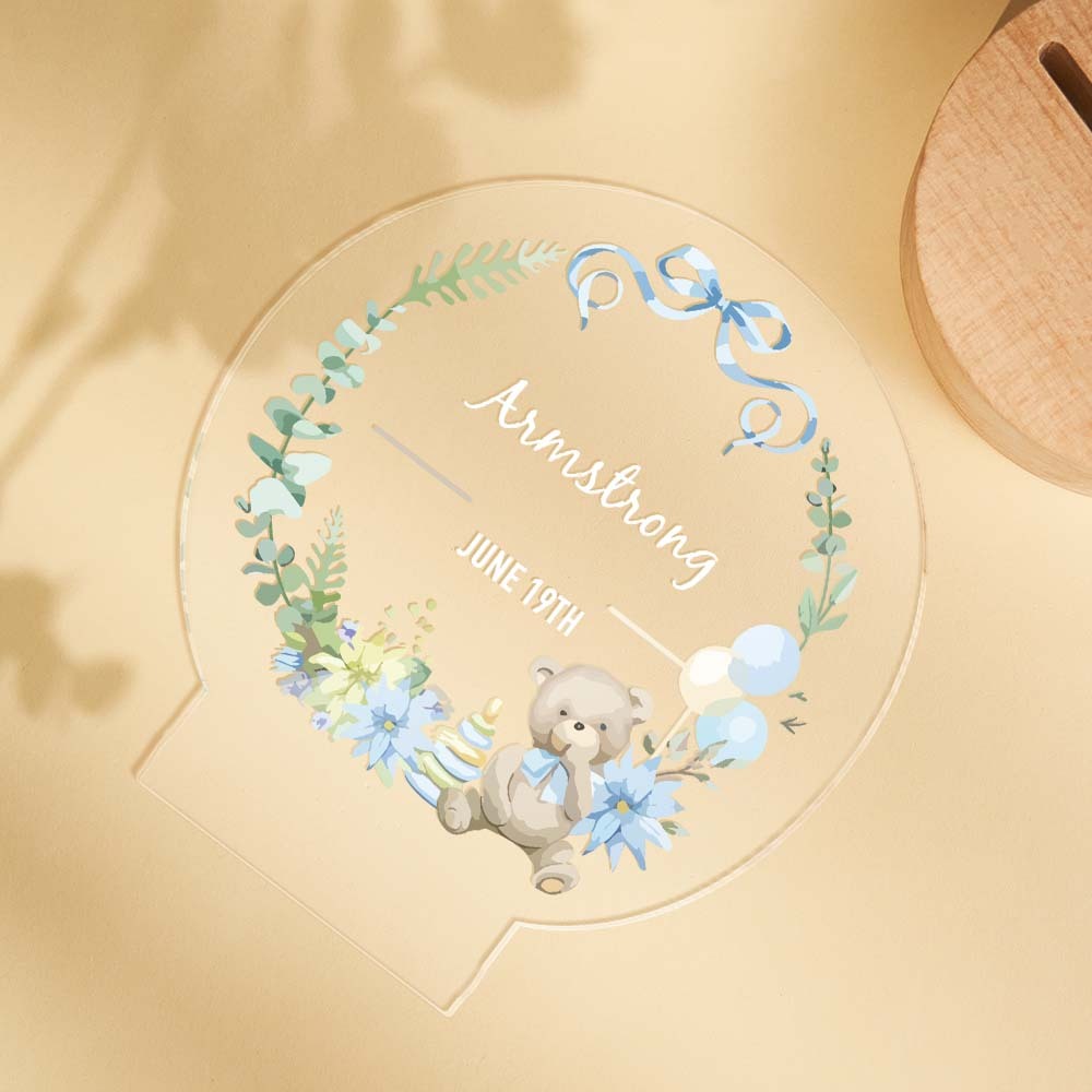 Custom Cute Bear Kids Bedside Lamp Personalized Name Balloons And Flowers Acrylic Night Light - mymoonlampau
