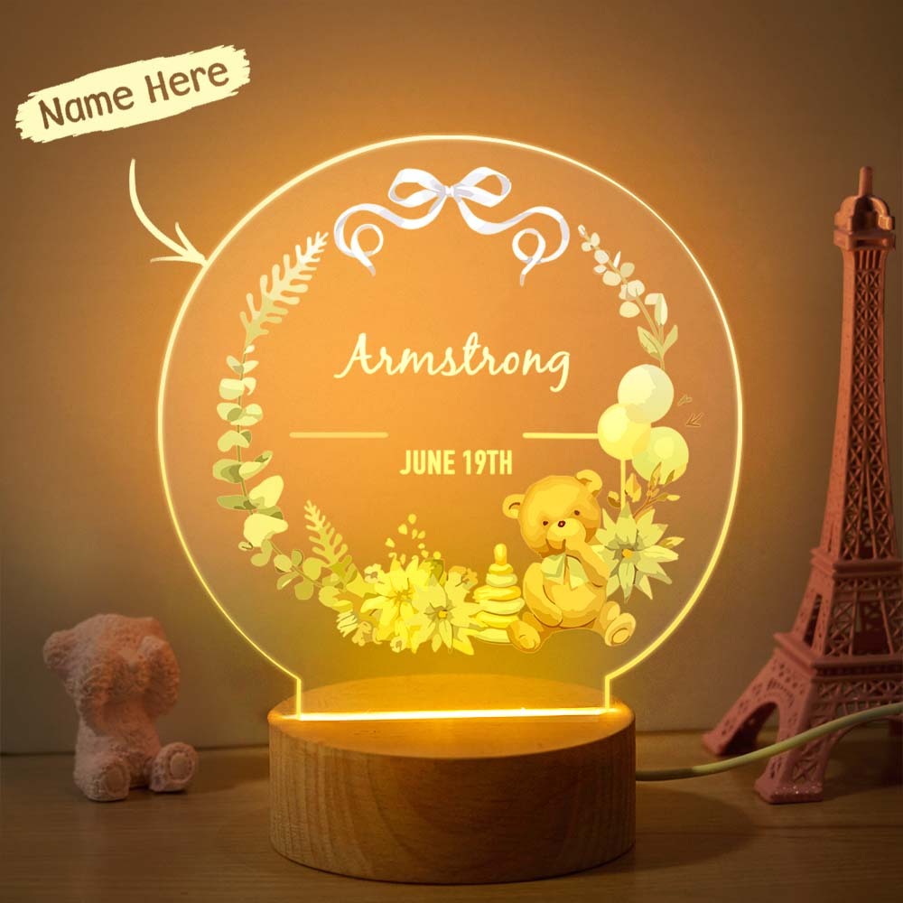 Custom Cute Bear Kids Bedside Lamp Personalized Name Balloons And Flowers Acrylic Night Light - mymoonlampau