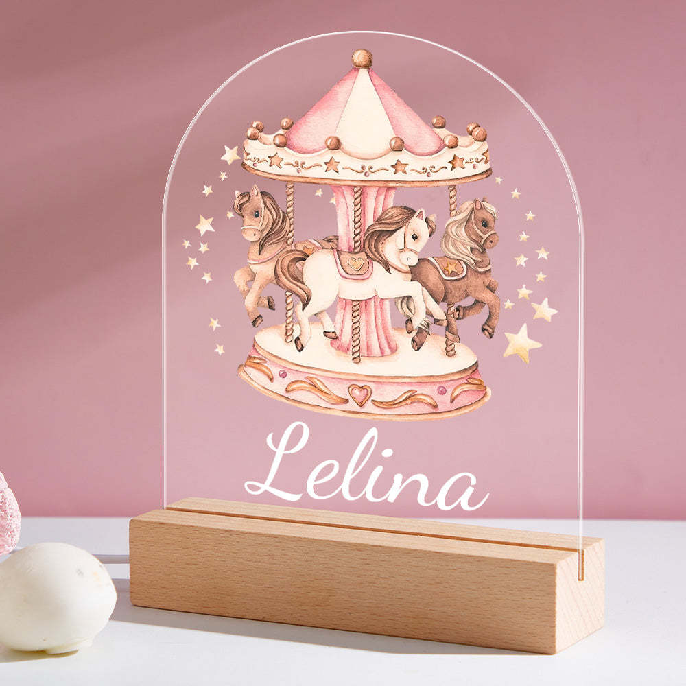 Custom Name Nursery Night Light Personalised Pink Horse Carousel For Newborn Night Light baby Birthday Gift - mymoonlampau
