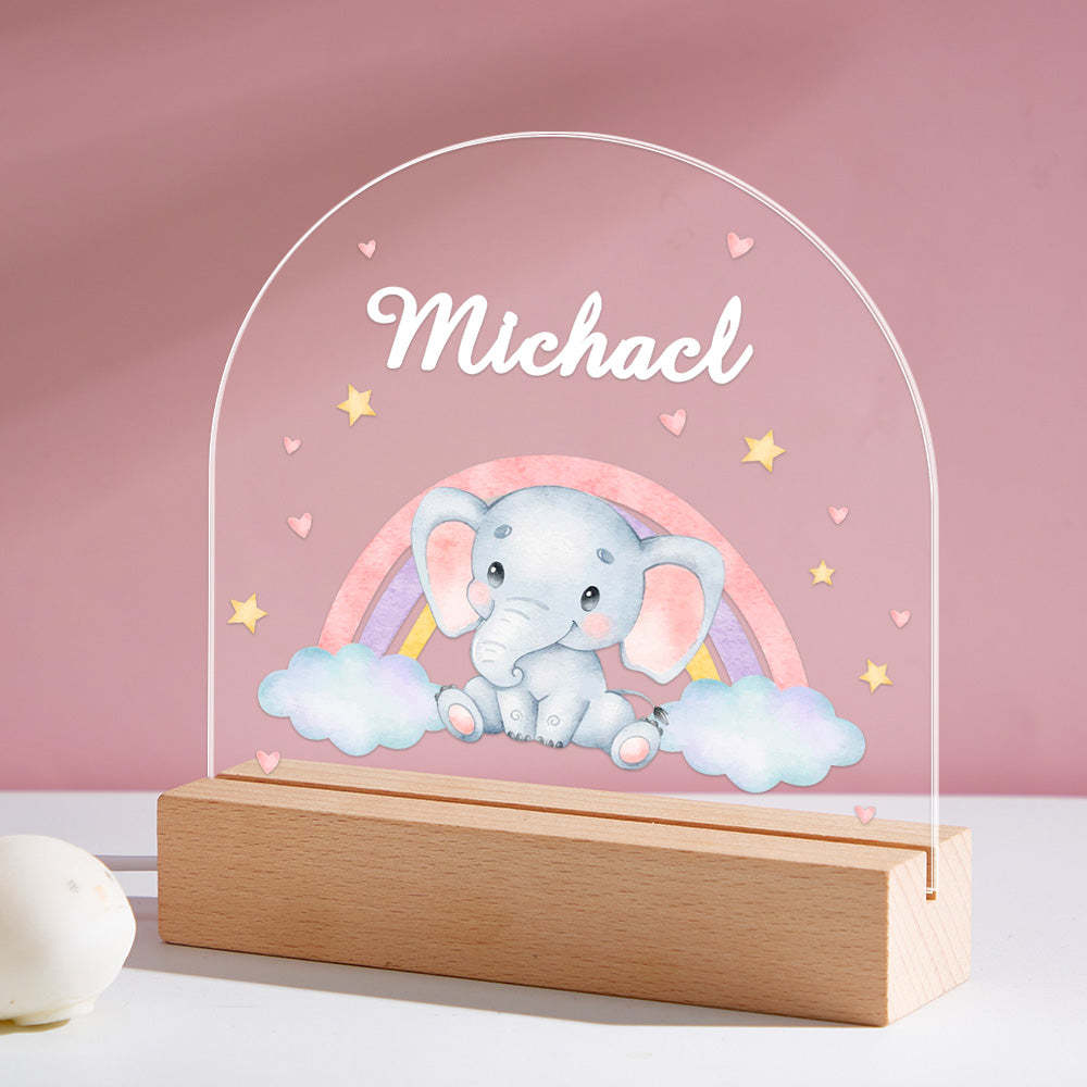 Custom Name Elephant Kids Bedside Lamp Personalised Animal Acrylic LED Night Light Gift Wooden Base Baby Gift - mymoonlampau