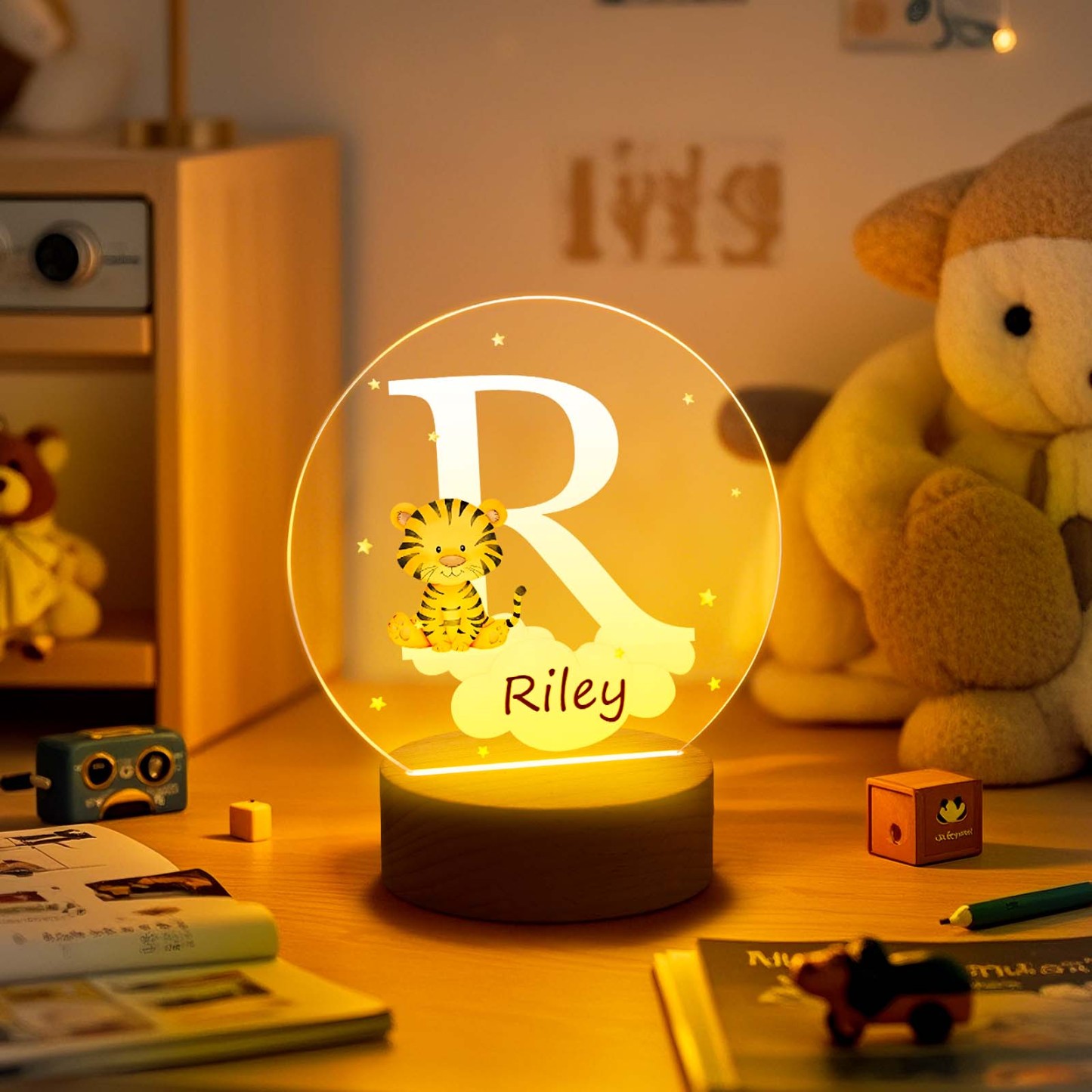 Personalized Fantasy Star Cloud Cute Forest Animal Initial Name LED Night Light with Wooden Base Nursery Decor Birthday Baby Shower Gift for Kids