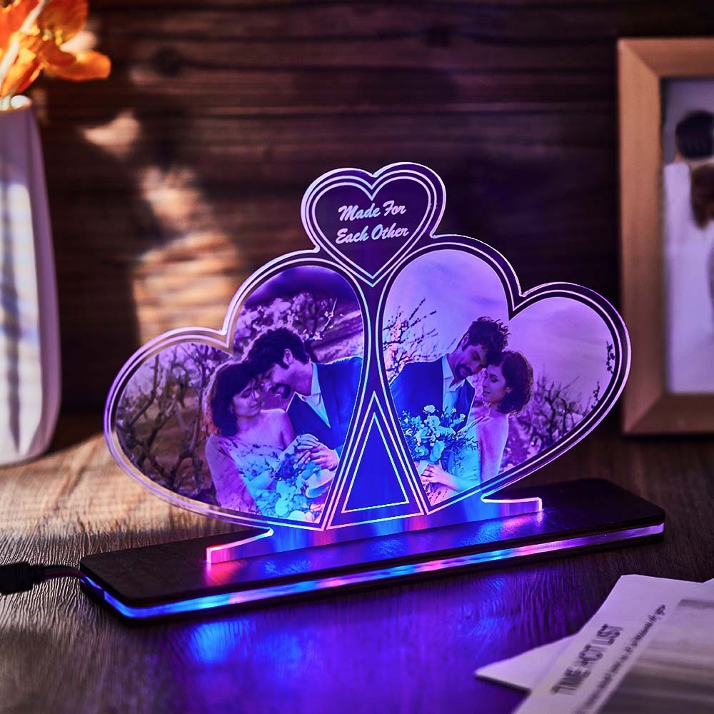 Custom Photo Double Heart Colorful Lamp Personalized Engraved LED Night Light Valentine's Day Gift - mymoonlampau