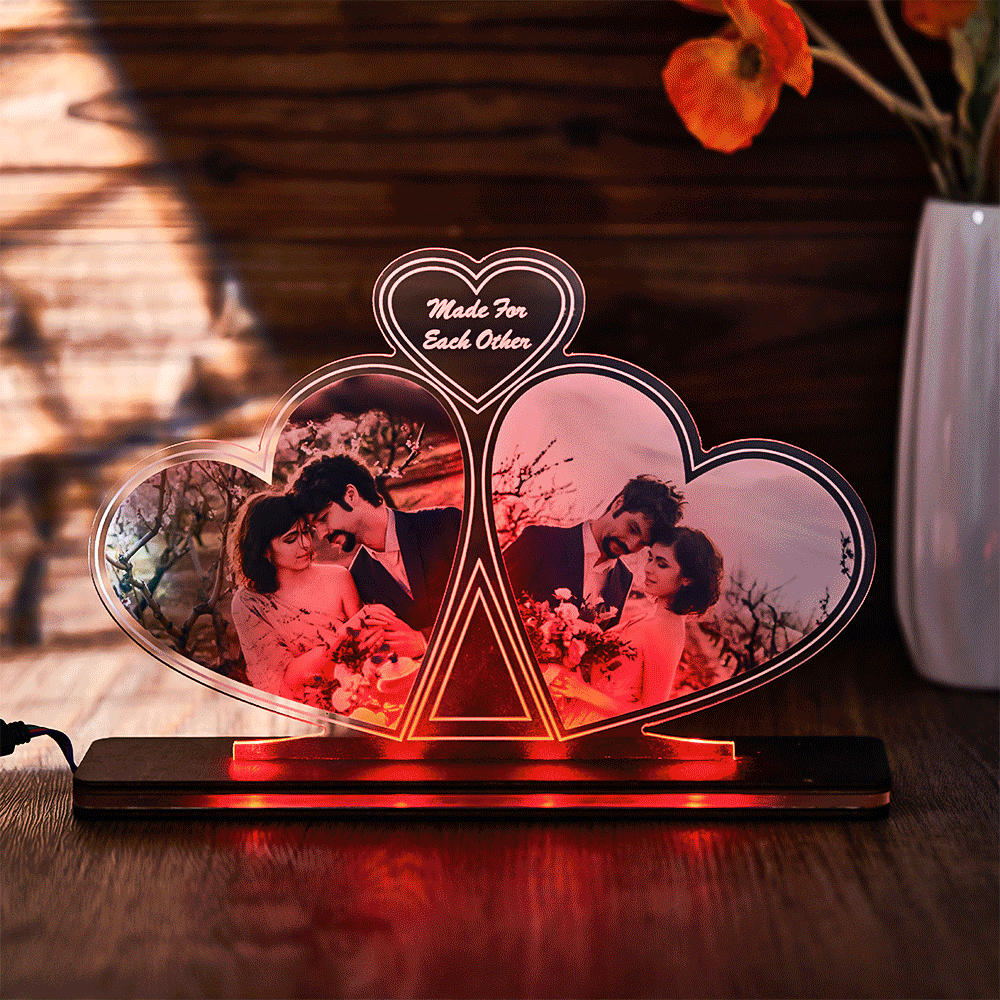 Custom Photo Double Heart Colorful Lamp Personalized Engraved LED Night Light Valentine's Day Gift - mymoonlampau