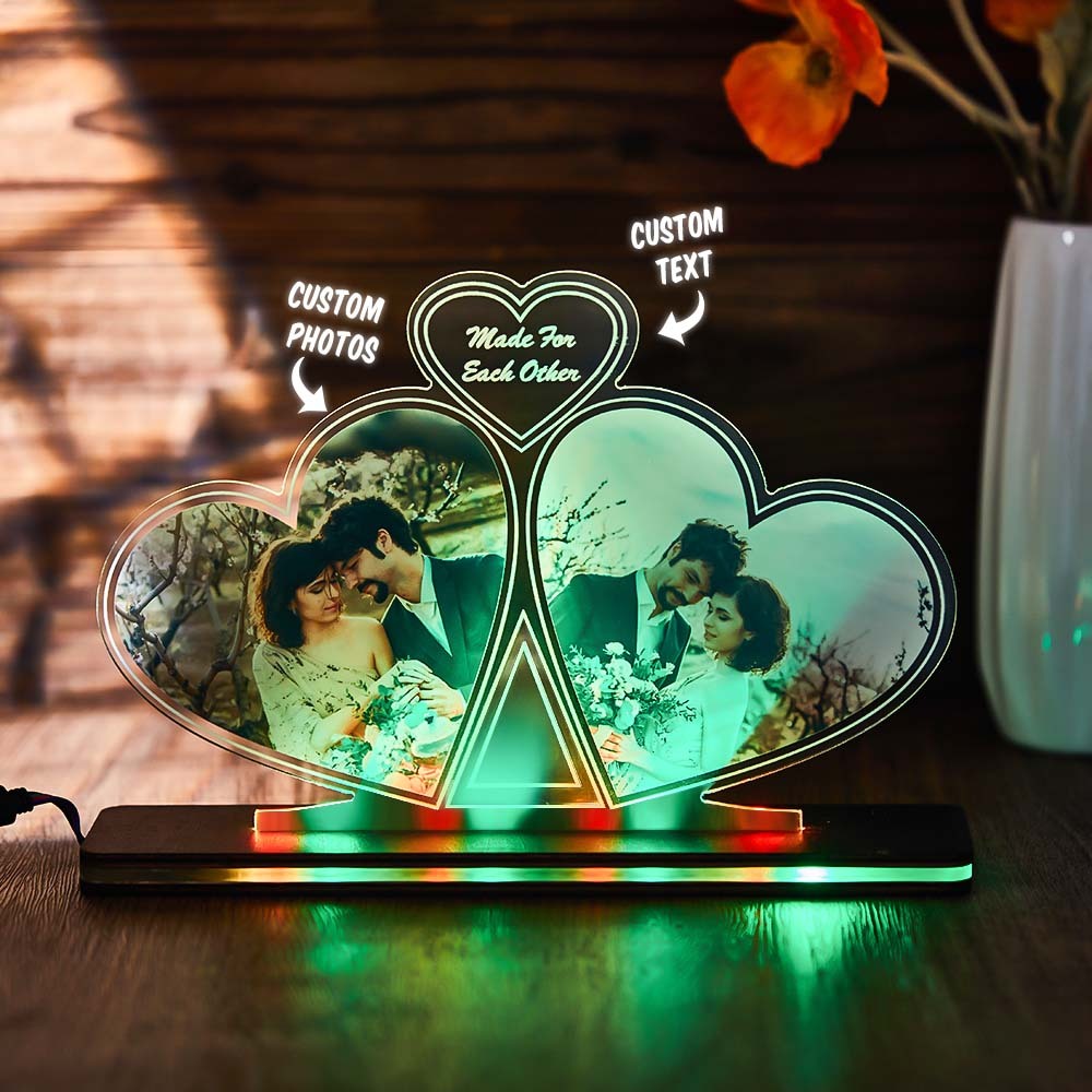Custom Photo Double Heart Colorful Lamp Personalized Engraved LED Night Light Valentine's Day Gift - mymoonlampau