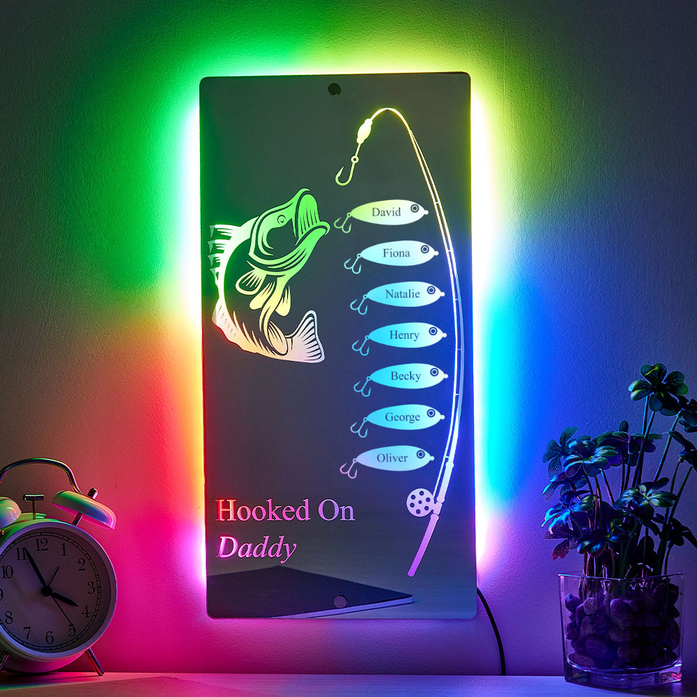 Personalized Hooked On Daddy Mirror Light Custom Name Light Up Mirror Father's Day Gifts - MyMoonLampAu