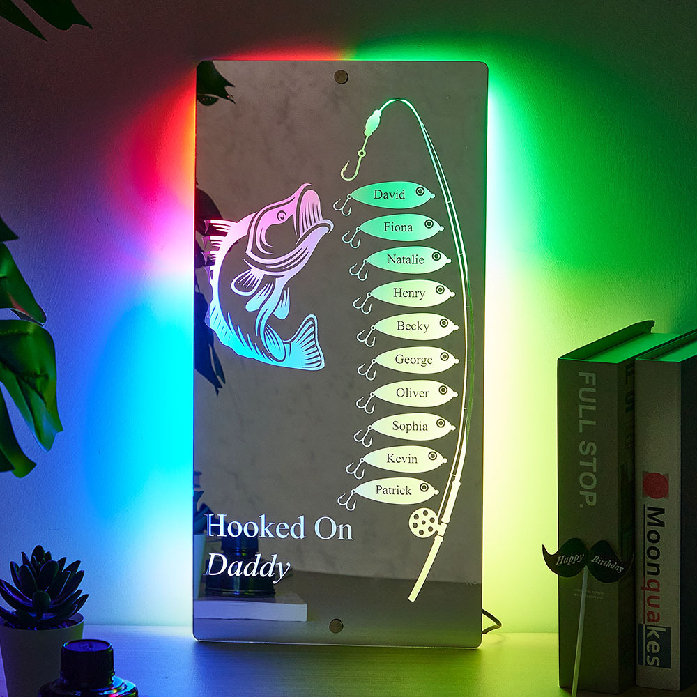Personalized Hooked On Daddy Mirror Light Custom Name Light Up Mirror Father's Day Gifts - MyMoonLampAu