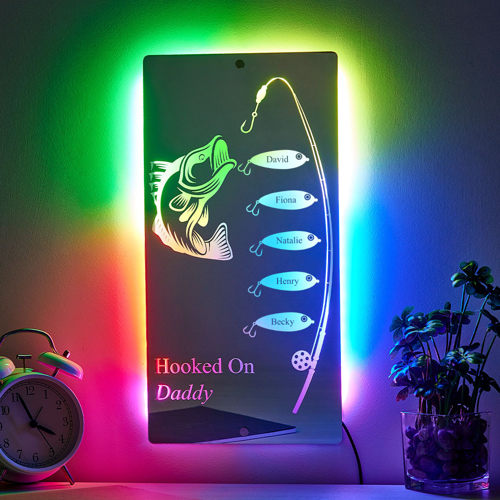 Personalized Hooked On Daddy Mirror Light Custom Name Light Up Mirror Father's Day Gifts - MyMoonLampAu