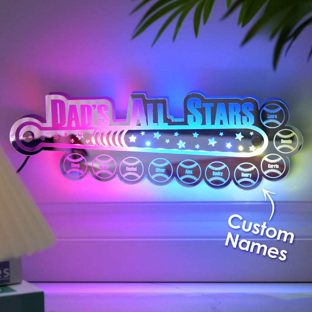 Custom Dad Baseball Mirror Light with Family Name Personalized Gift for Dad - MyMoonLampAu