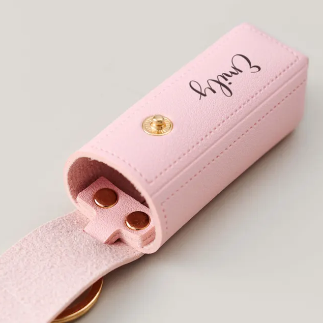 Engraved Birth Flower Lipstick Keychain Case with Mirror, Custom PU Leather Lip Balm Bag, Personalized Birthday Gift for Her, Christmas gift - MyMoonLampAu