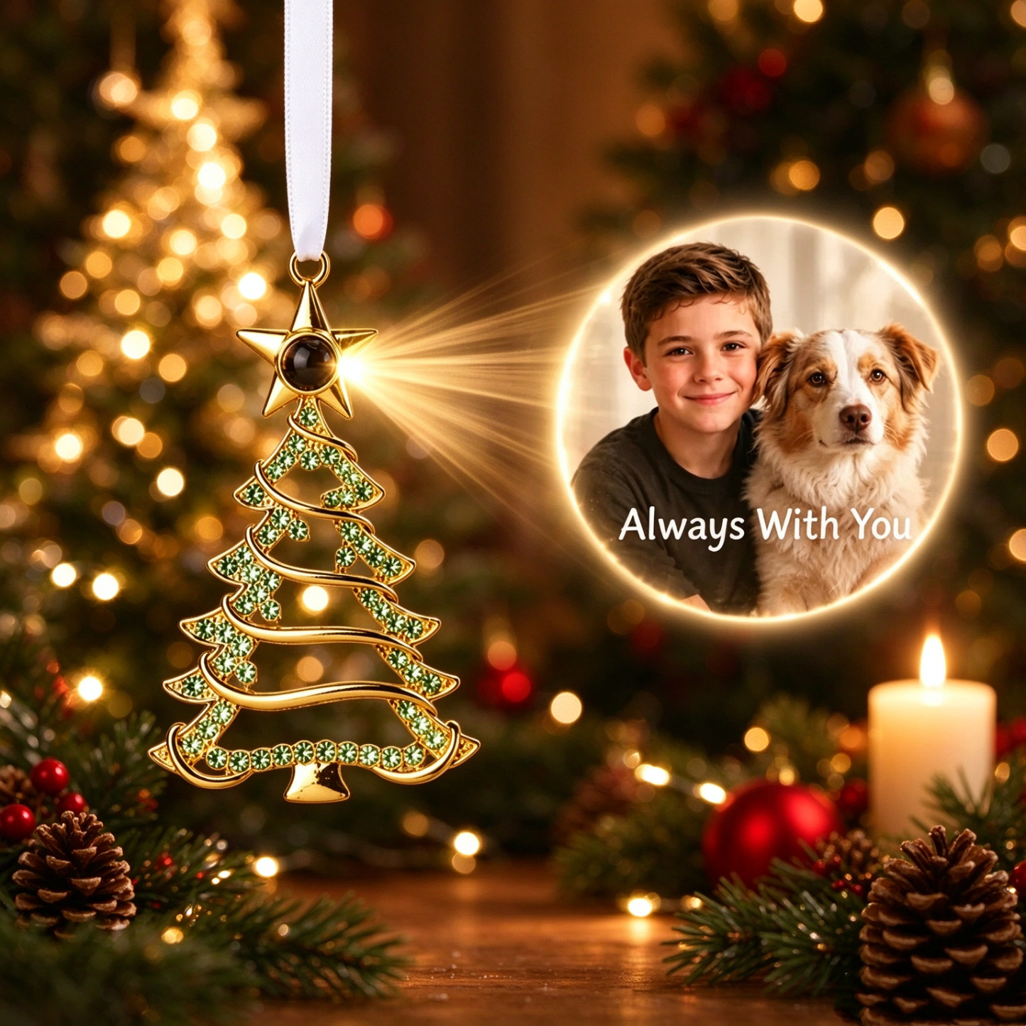 Personalized Christmas Tree Ornament with Photo Projection, Memorial Gift for Family & Pet Lovers, Holiday Tree Hanging Decor - MyMoonLampAu