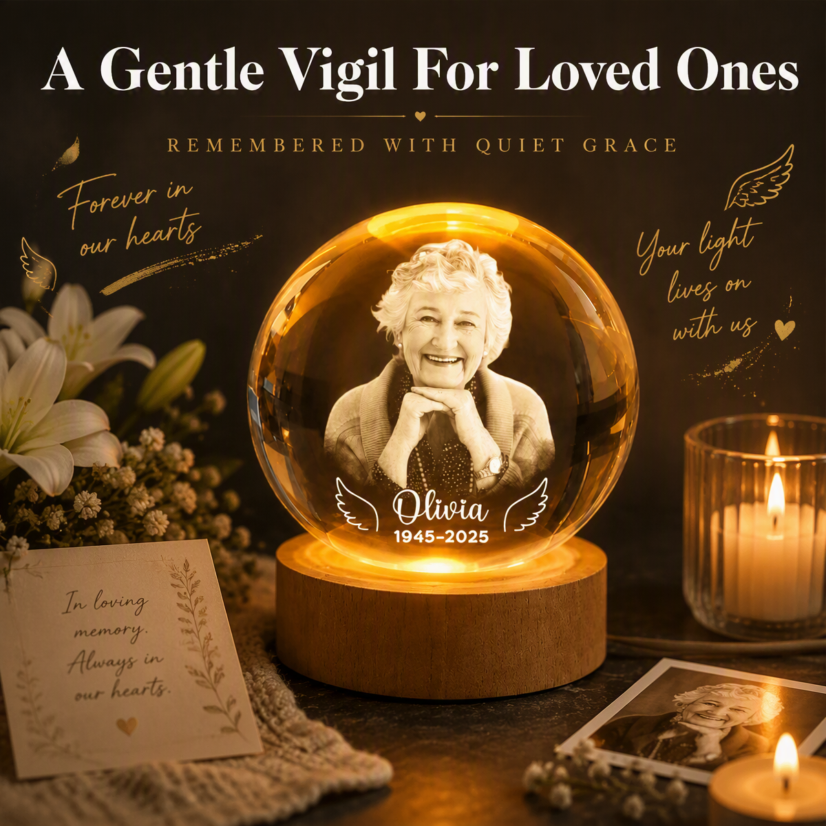 Personalized Angel Wings Crystal Ball LED Night Light, Custom Photo Memorial Gift for Family, Forever Remembered Remembrance Keepsake - MyMoonLampAu