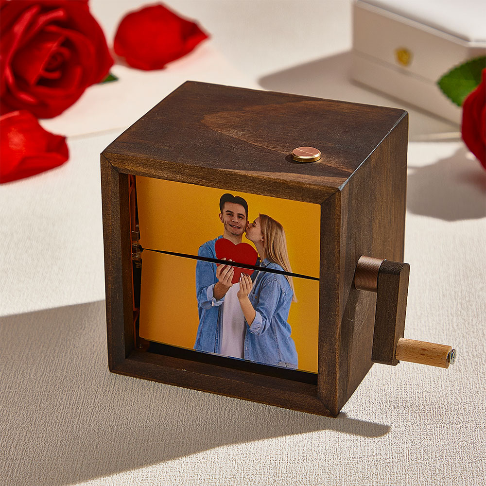 Anniversary Gift Custom Hand-Crank Flipbook Box Animation Machine Mechanical Hand-cranked Photo Album with Light Black Walnut Baby Photo Cube Frame Gift for Kids