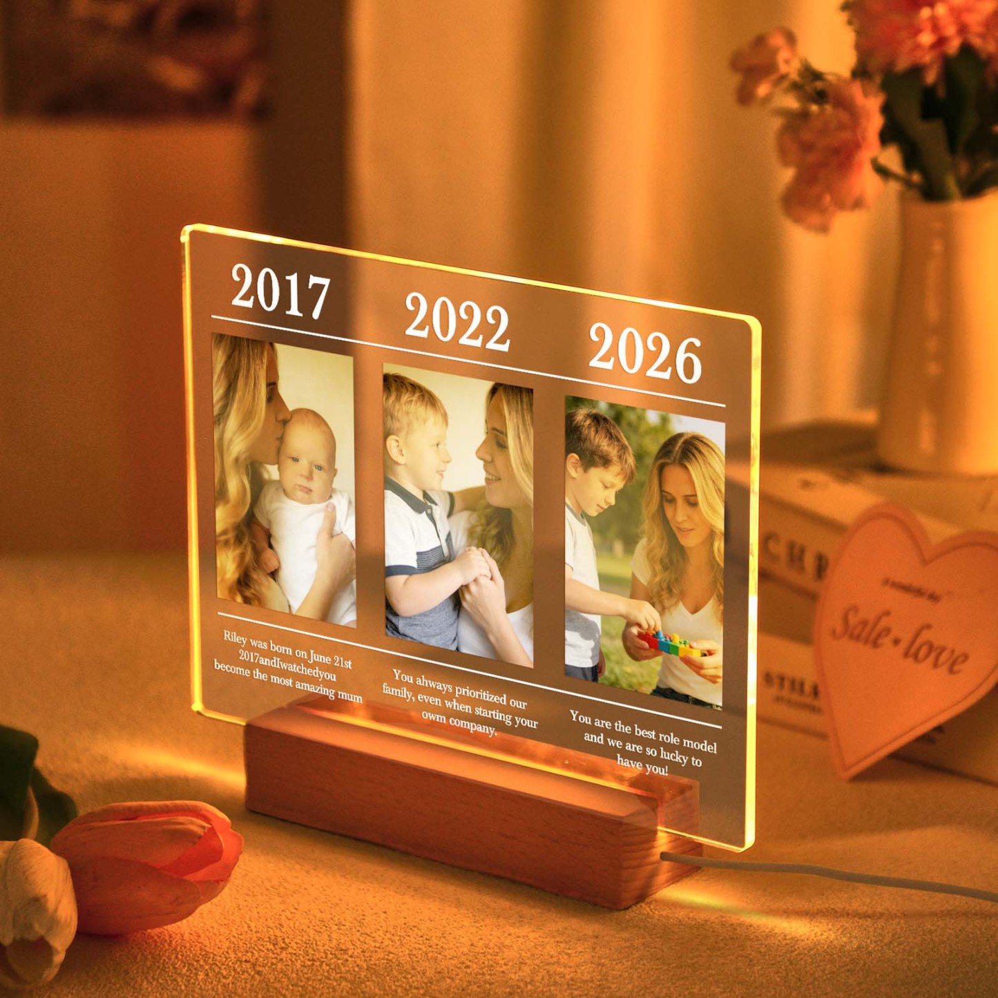 Custom Heart Collage Acrylic Night Light Personalized Photo & Text LED Lamp Gift Gift for Mother's Day - MyMoonLampAu
