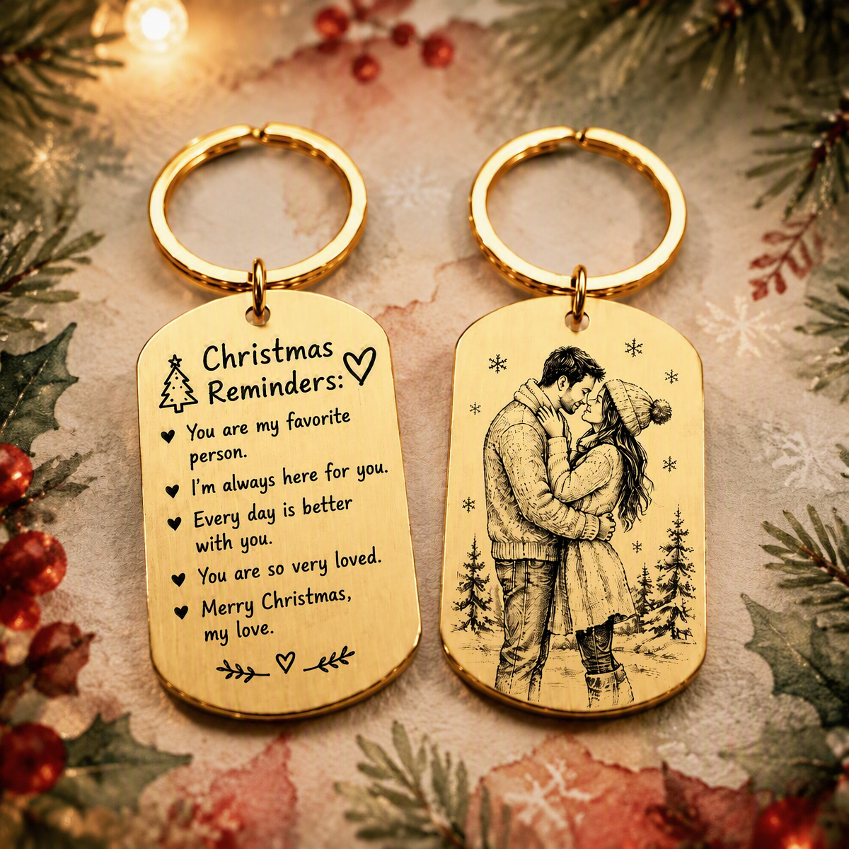 Personalized Christmas Keychain Gift for Couples  Engraved Message & Photo Stainless Steel Keyring - MyMoonLampAu