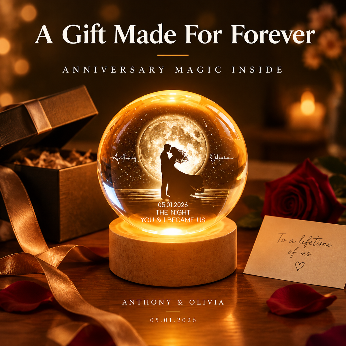 Moonphase Couple Kissing Under the Moonlight – Personalized Crystal Ball LED Night Light – Romantic Keepsake Gift for Husband, Wife, and Couples - MyMoonLampAu