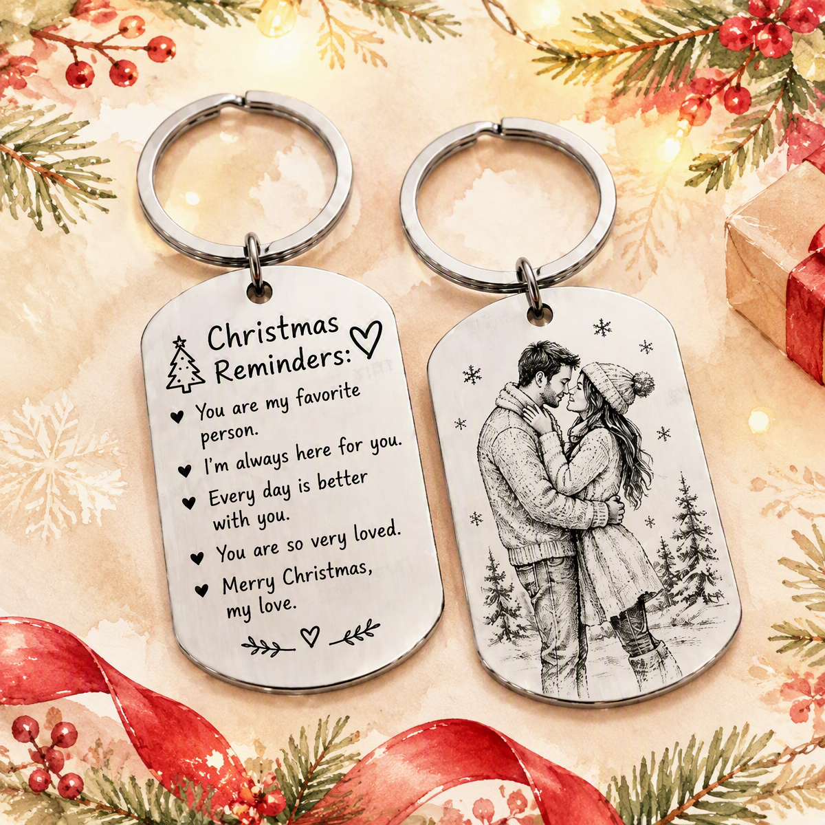 Personalized Christmas Keychain Gift for Couples  Engraved Message & Photo Stainless Steel Keyring - MyMoonLampAu