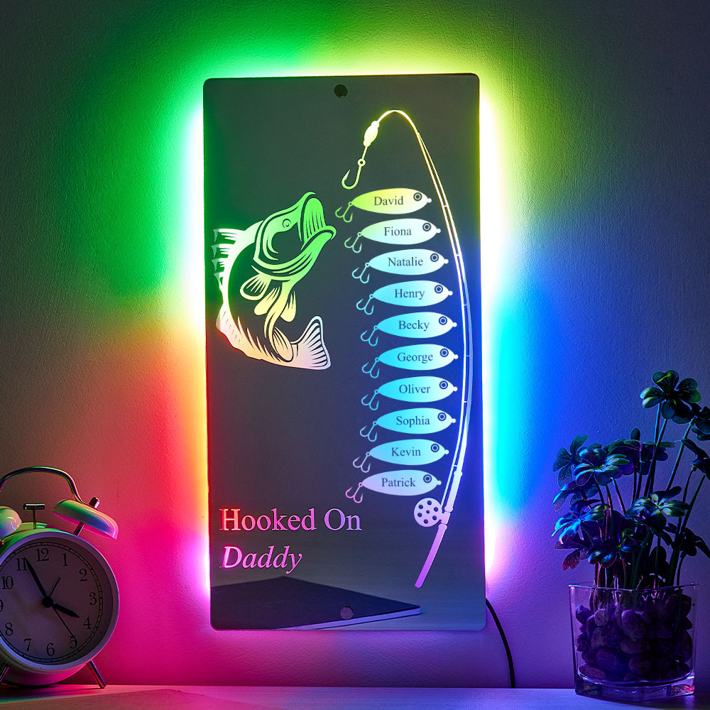 Personalized Hooked On Daddy Mirror Light Custom Name Light Up Mirror Father's Day Gifts - MyMoonLampAu