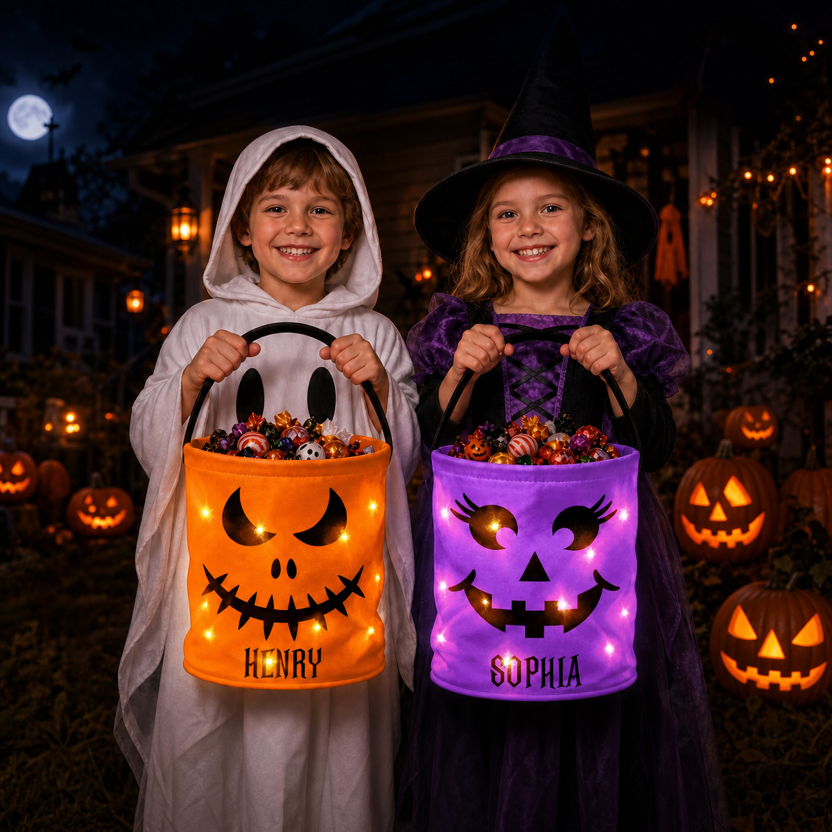 Custom LED Light Bucket Bag - Personalized Halloween Birthday Gifts For Kids - Little Boo Energy Glow Treat Bag for Kids & Trick-or-Treating - MyMoonLampAu