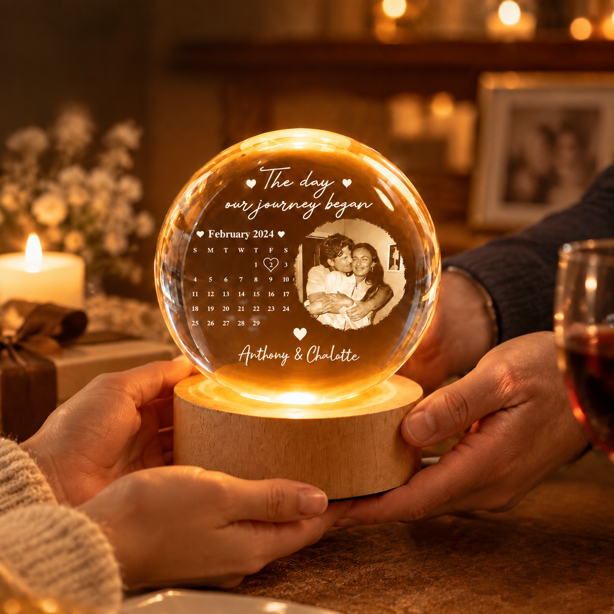 Custom Photo Our Journey Began Calendar Night Light - Personalized Crystal Ball LED Night Light - Sweet Love For Couple, Wife, Husband - MyMoonLampAu