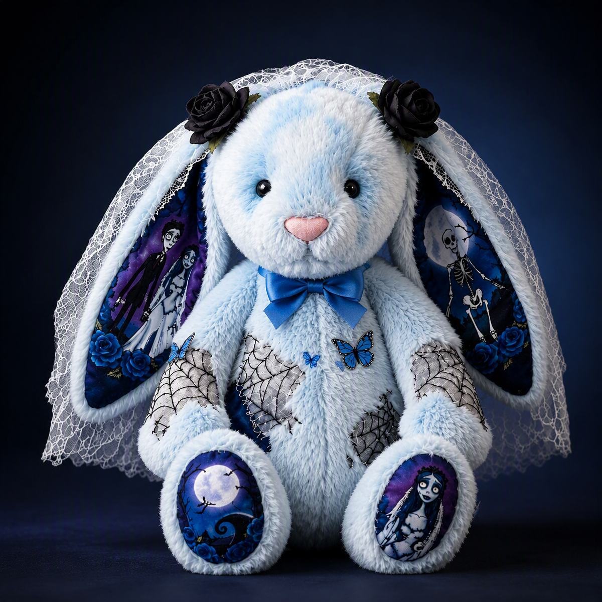Gothic Blue Plush Bunny Doll with Character Print Ears and Feet – Halloween Gift for Teens & Adults - MyMoonLampAu