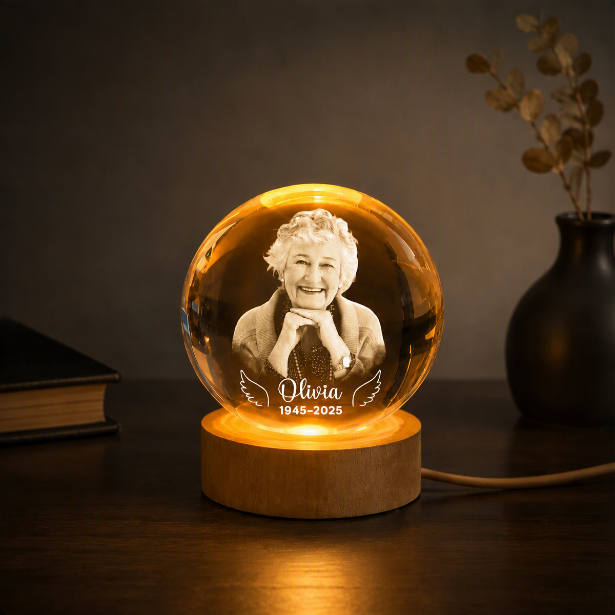 Personalized Angel Wings Crystal Ball LED Night Light, Custom Photo Memorial Gift for Family, Forever Remembered Remembrance Keepsake - MyMoonLampAu