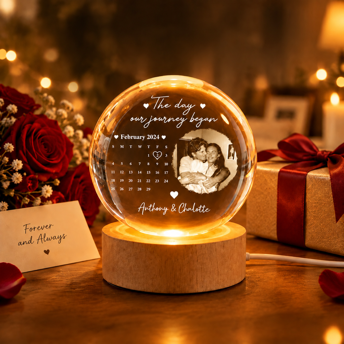 Custom Photo Our Journey Began Calendar Night Light - Personalized Crystal Ball LED Night Light - Sweet Love For Couple, Wife, Husband - MyMoonLampAu