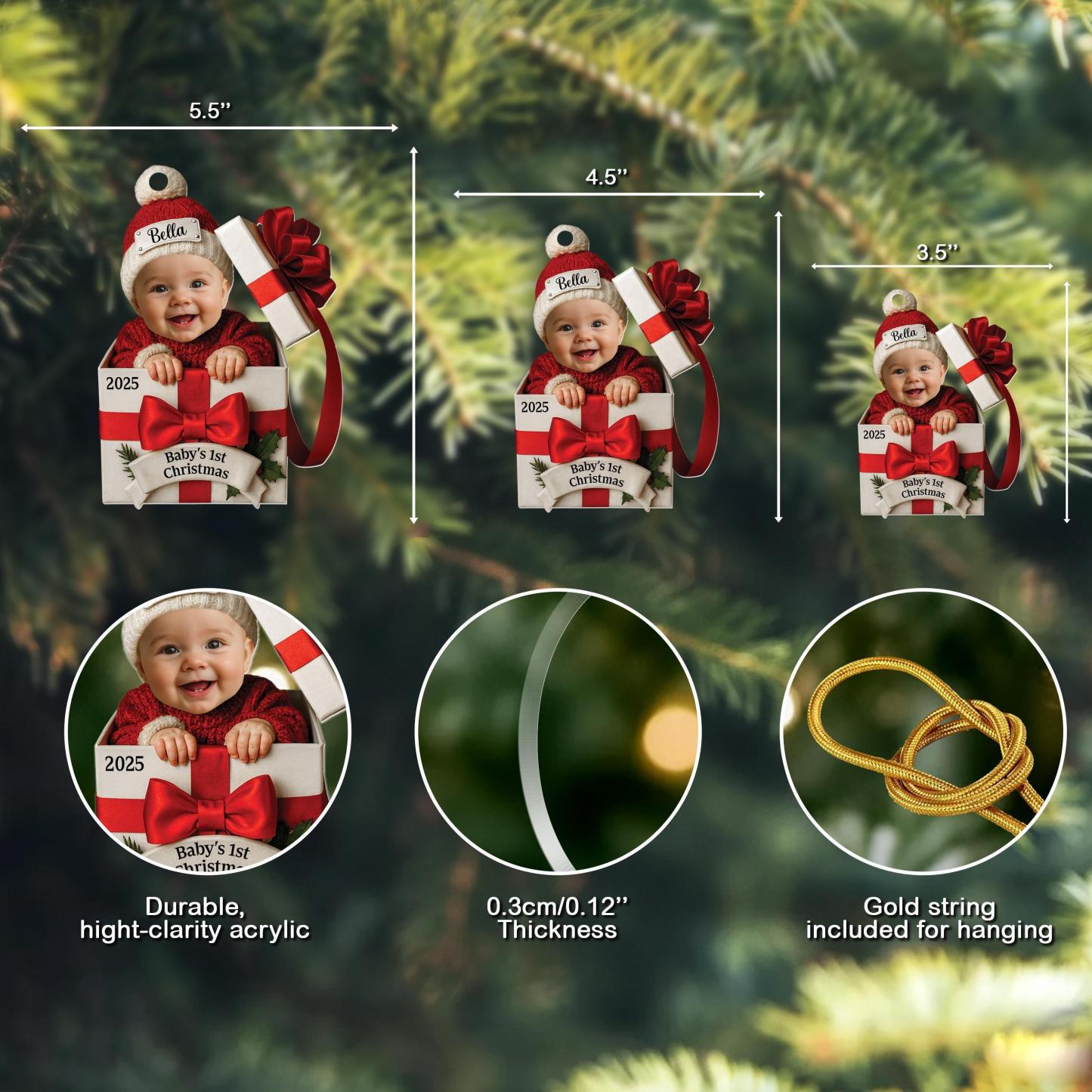 Baby Christmas Gift Box 2D Flat Acrylic Ornament, Personalized Baby Photo Christmas Ornament, Funny Newborn First Christmas Gift - MyMoonLampAu