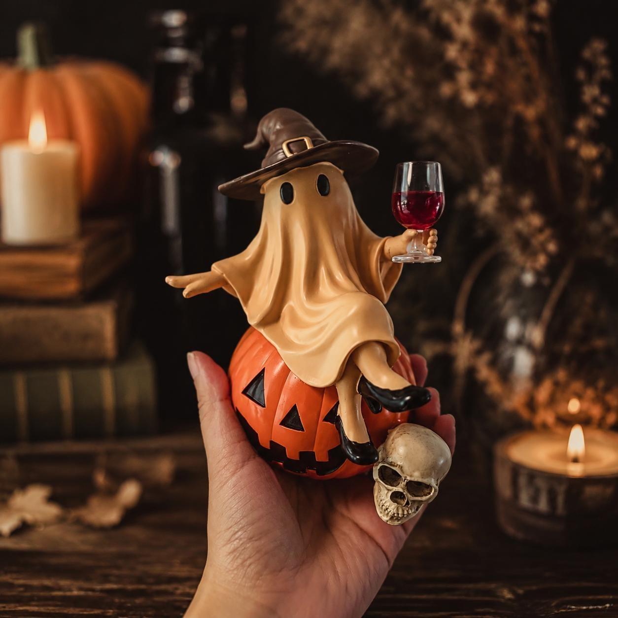 Halloween Ghost Statue with Wine Glass - Spooky Decor for Home, Party & Gift Giving - MyMoonLampAu