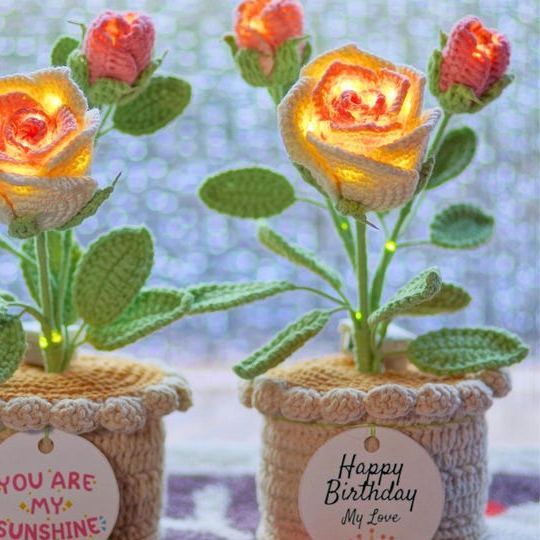 Crocheted Rose/Lily of the Valley Romantic LED Night Light Glowing Knit Flower for Her - MyMoonLampAu