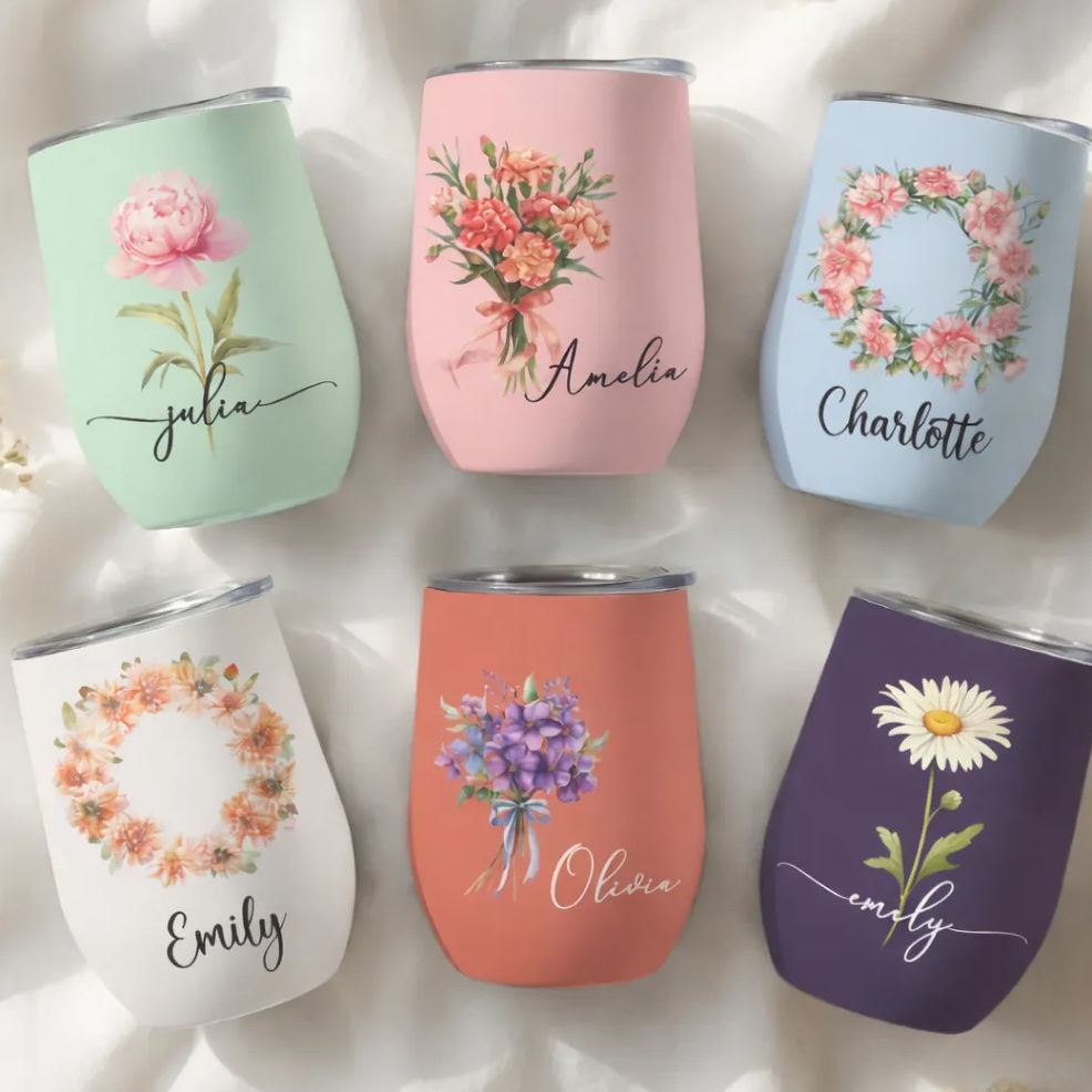 Custom Birth Flower Wine Tumbler for Her - Personalized Name Mother’s Day Gift - MyMoonLampAu