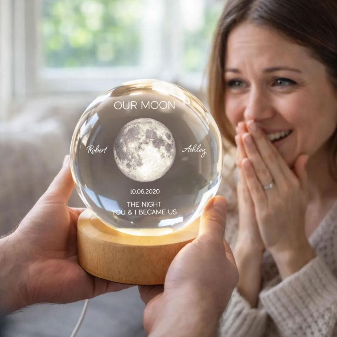 Personalized Moon Phase Crystal Ball Night Light - Custom Date Gift for Mom & Her - Unique Mother’s Day, Anniversary or Birthday Keepsake - MyMoonLampAu