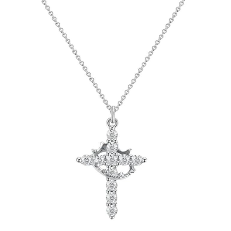 Dainty Crown Cross Necklace for Women, Copper-Based Silver-Plated Zircon Pendant, Perfect Mother's Day Gift for Mom - MyMoonLampAu