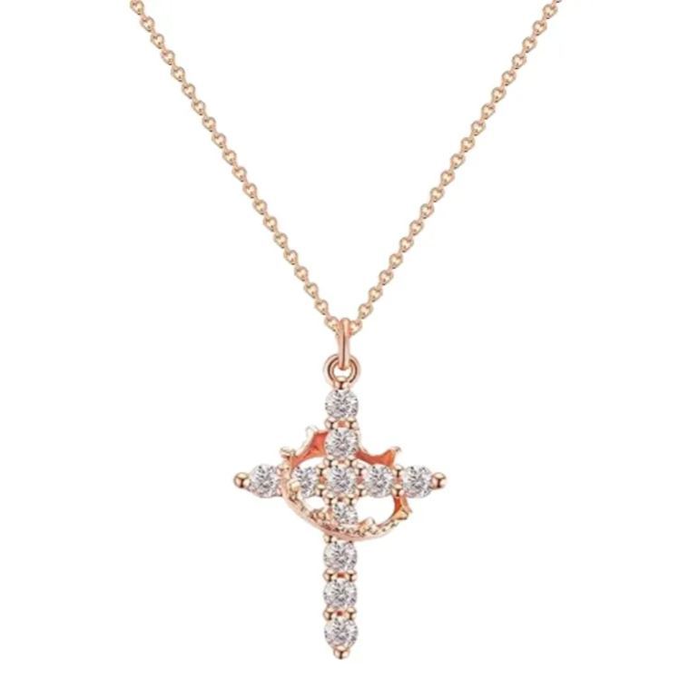 Dainty Crown Cross Necklace for Women, Copper-Based Silver-Plated Zircon Pendant, Perfect Mother's Day Gift for Mom - MyMoonLampAu