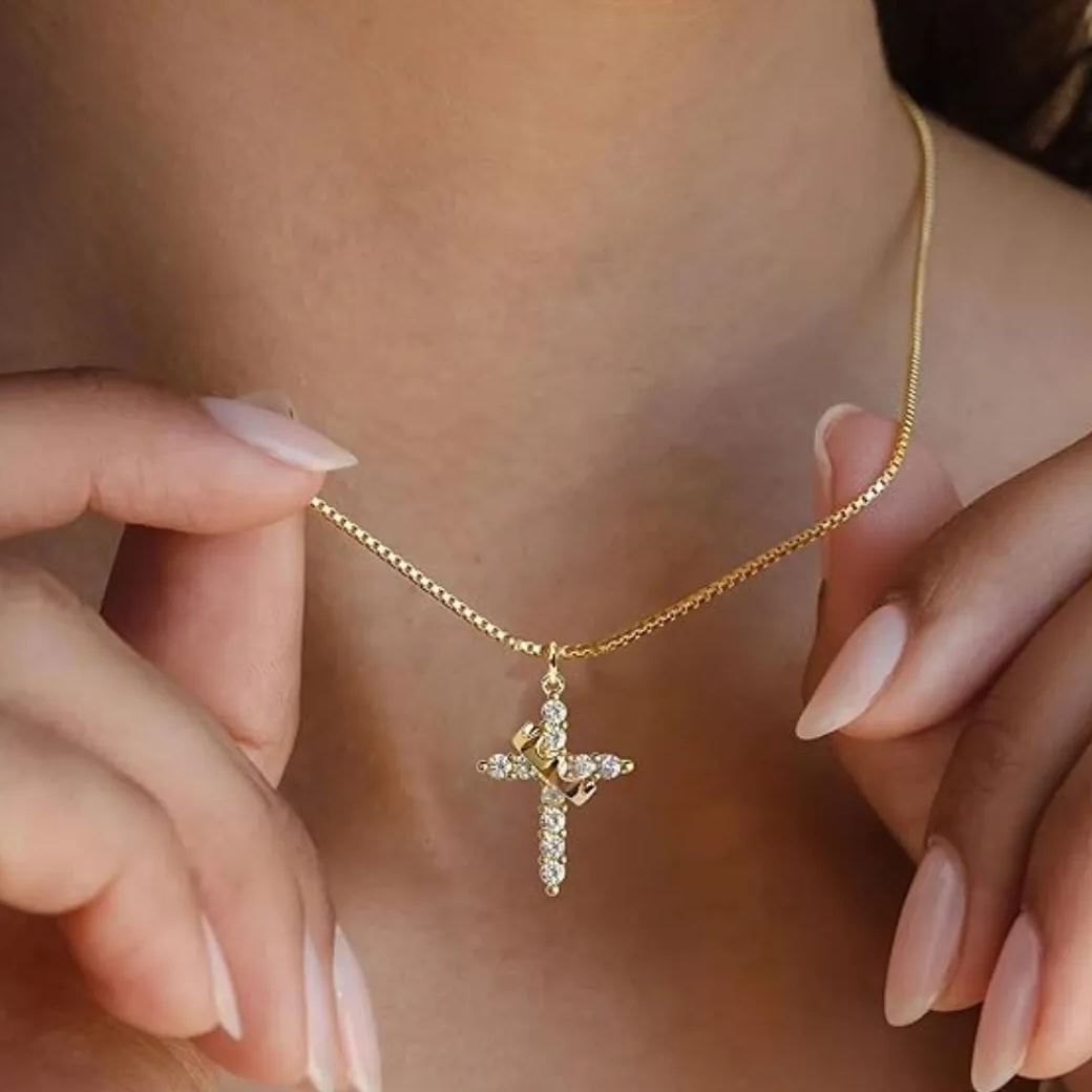 Dainty Crown Cross Necklace for Women, Copper-Based Silver-Plated Zircon Pendant, Perfect Mother's Day Gift for Mom - MyMoonLampAu
