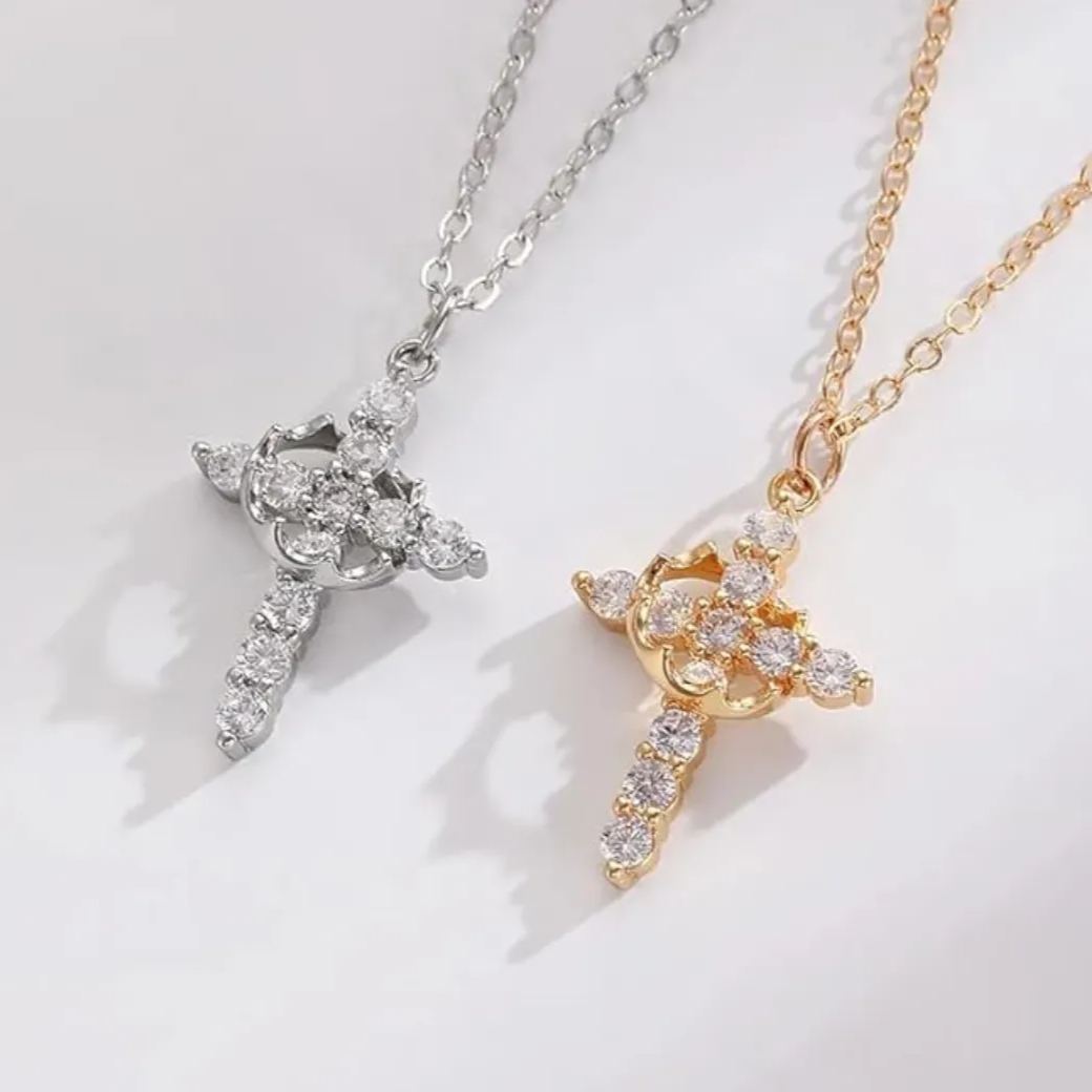 Dainty Crown Cross Necklace for Women, Copper-Based Silver-Plated Zircon Pendant, Perfect Mother's Day Gift for Mom - MyMoonLampAu
