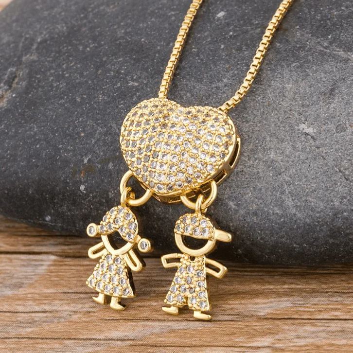 Personalized Zircon Heart Pendant Necklace with Boy & Girl Charm – Custom Family Jewelry Gift for Mom & Dad, Mother’s Day & Father’s Day Gift - MyMoonLampAu