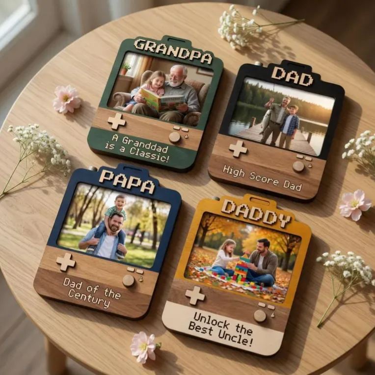 Custom Dad Photo Game Frame Magnet, Personalized Father's Day Gift, Retro Game Console 2D Picture Magnet, Wooden & Acrylic Keepsake for Dad, Grandpa, Papa - MyMoonLampAu
